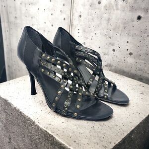St. John Black Leather Strappy Studded Heels US 8